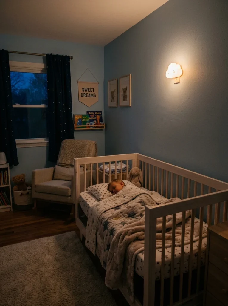 Wall-mounted cool-touch nightlight safely installed in a child's bedroom.