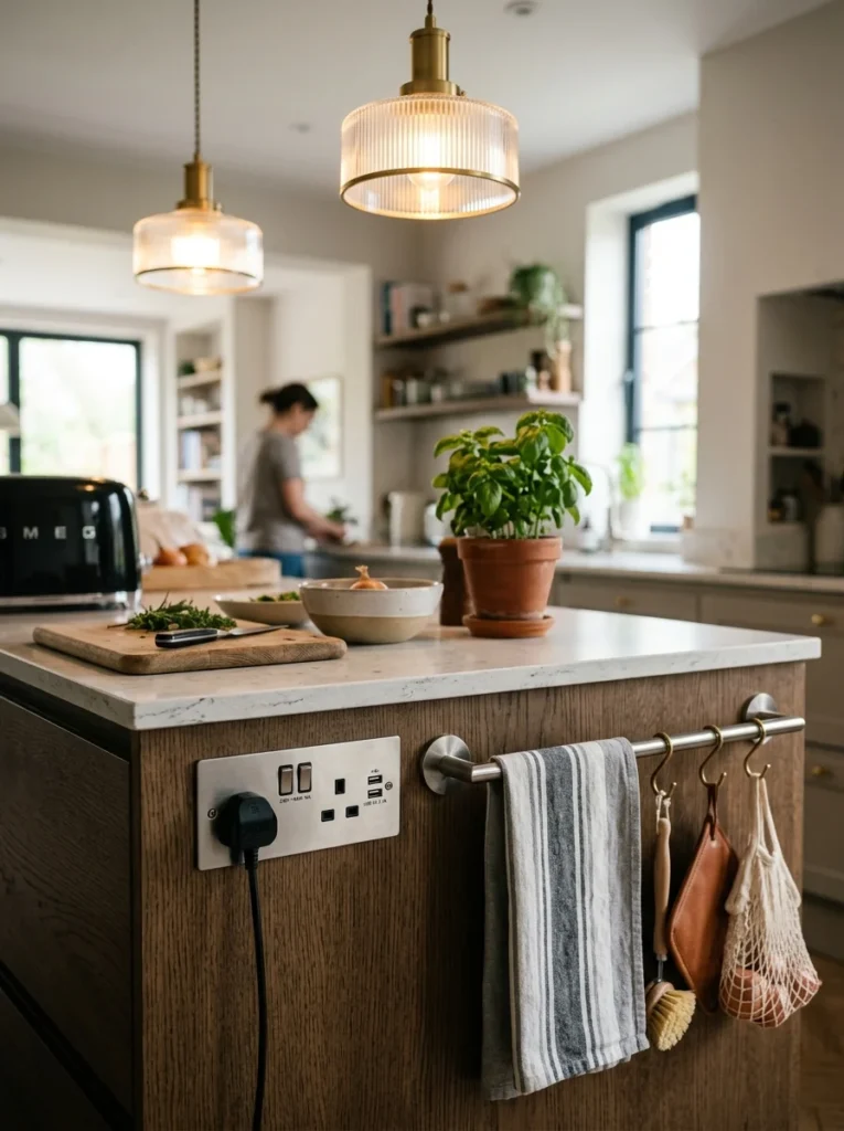 Practical kitchen island with power outlets, towel rail, and storage hooks.