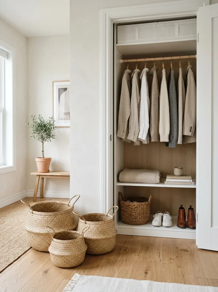 Empty storage baskets beside a newly organized closet.