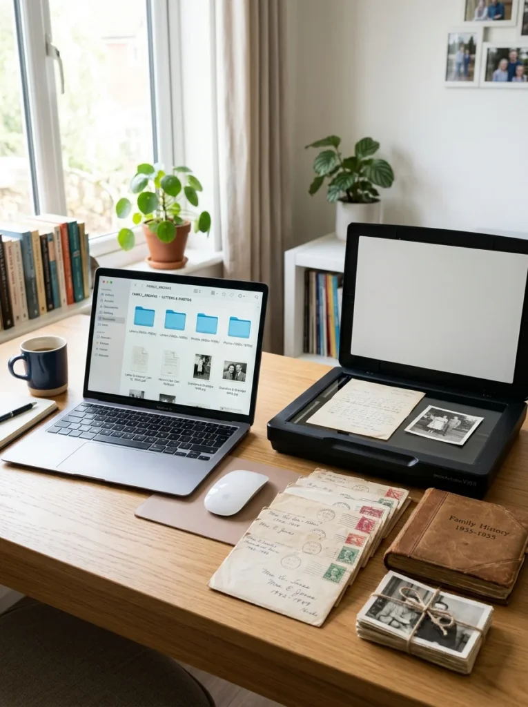 Organized digital archive of scanned family letters and treasured photographs.