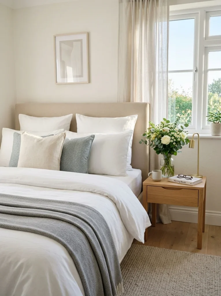 Freshly made bed in a clean and organized bedroom.