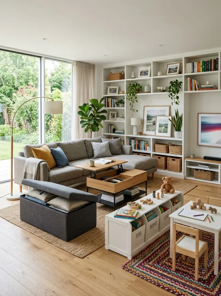 Modern family room featuring multifunctional furniture and organized shared spaces.
