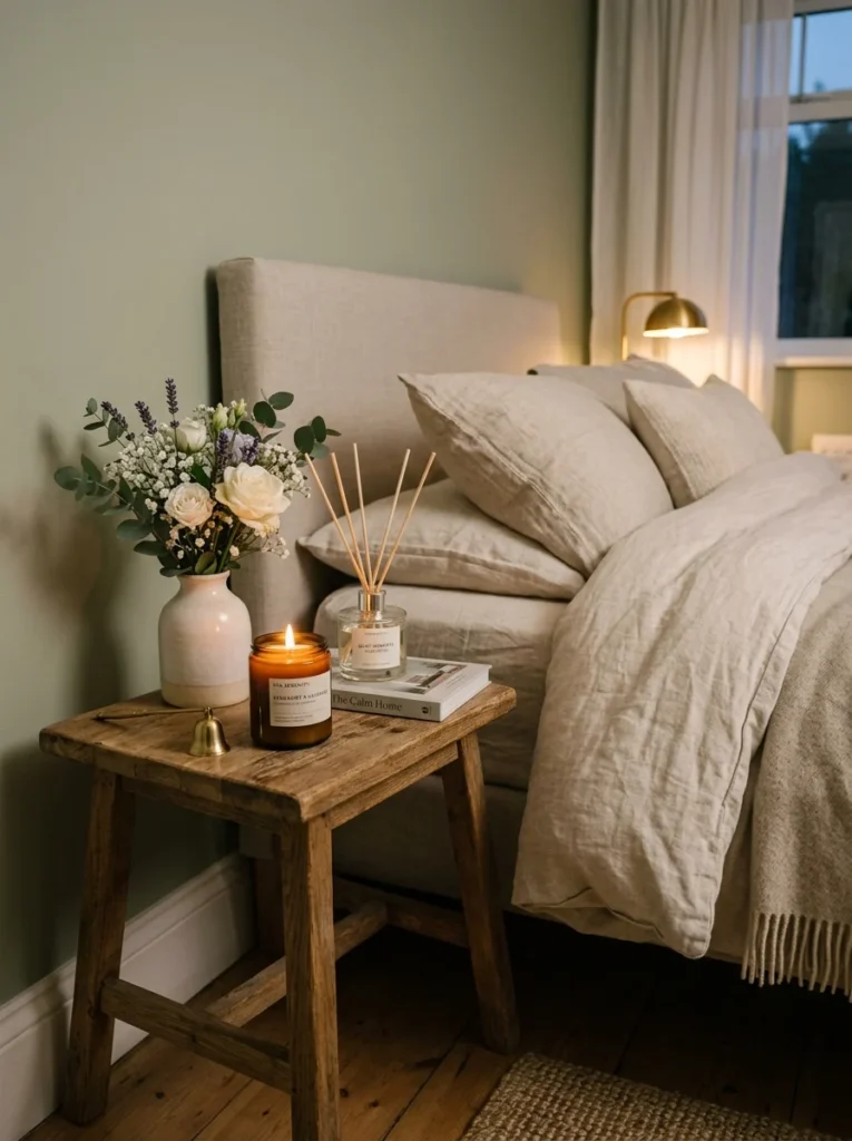 Scented candle and diffuser creating a relaxing spa-like bedroom atmosphere.