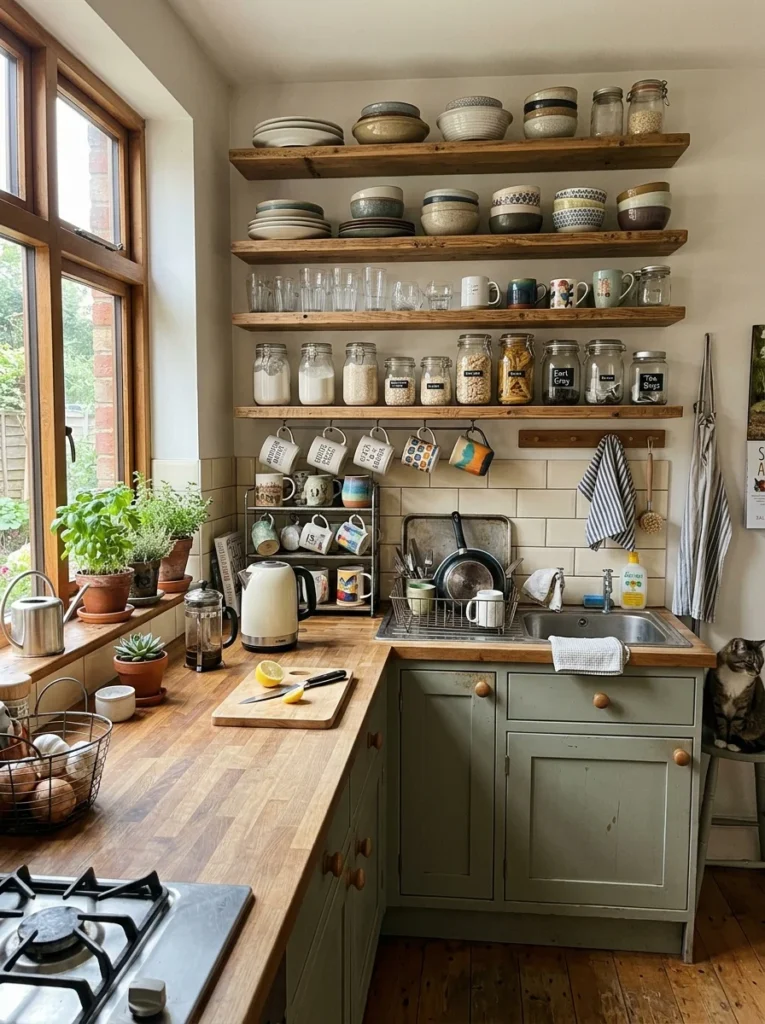 Real-life kitchen showing practical open shelving with everyday dishes and household items.