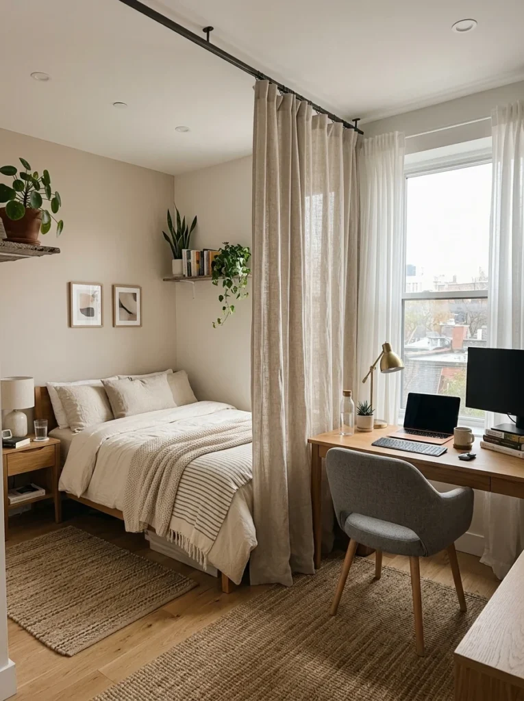 Small bedroom separated into functional zones using a curtain divider.
