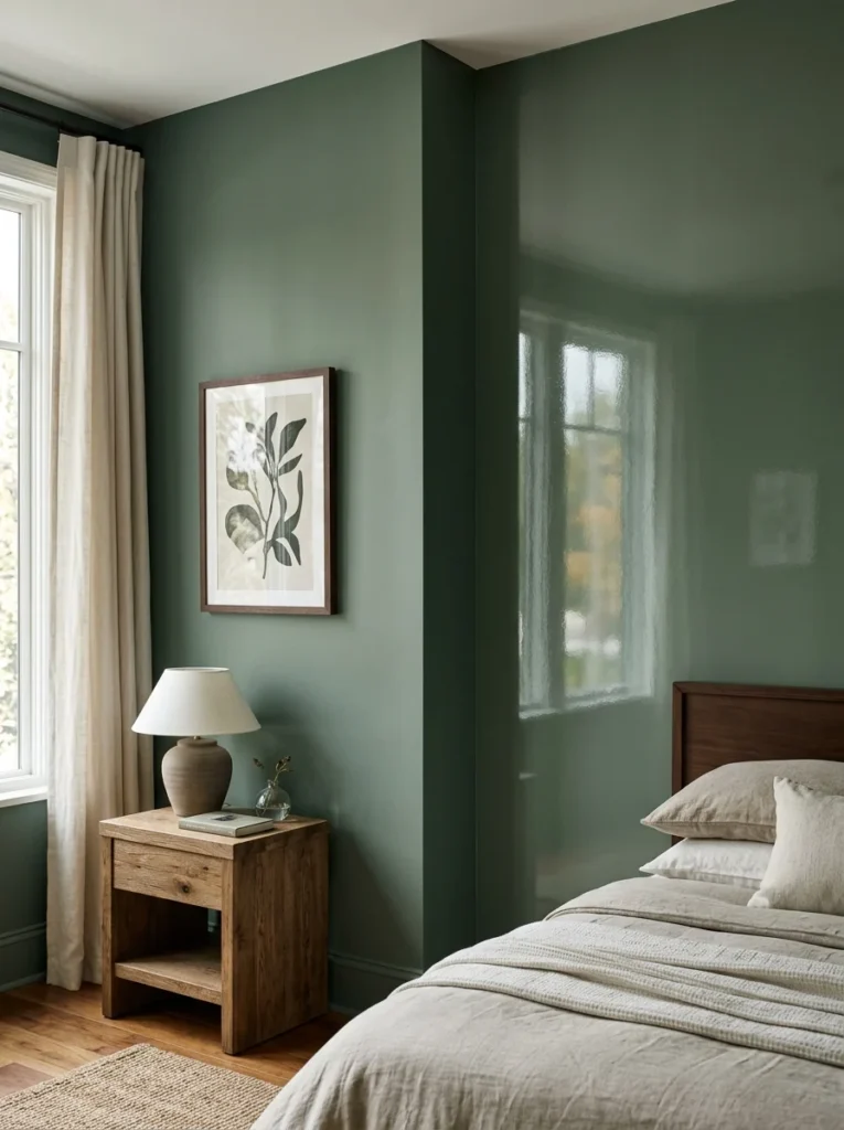 Matte and glossy bedroom wall finishes shown side by side.