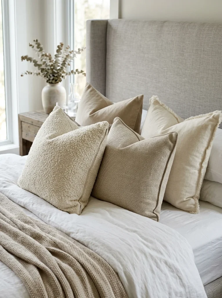 Decorative pillows with premium inserts creating a fuller layered appearance.