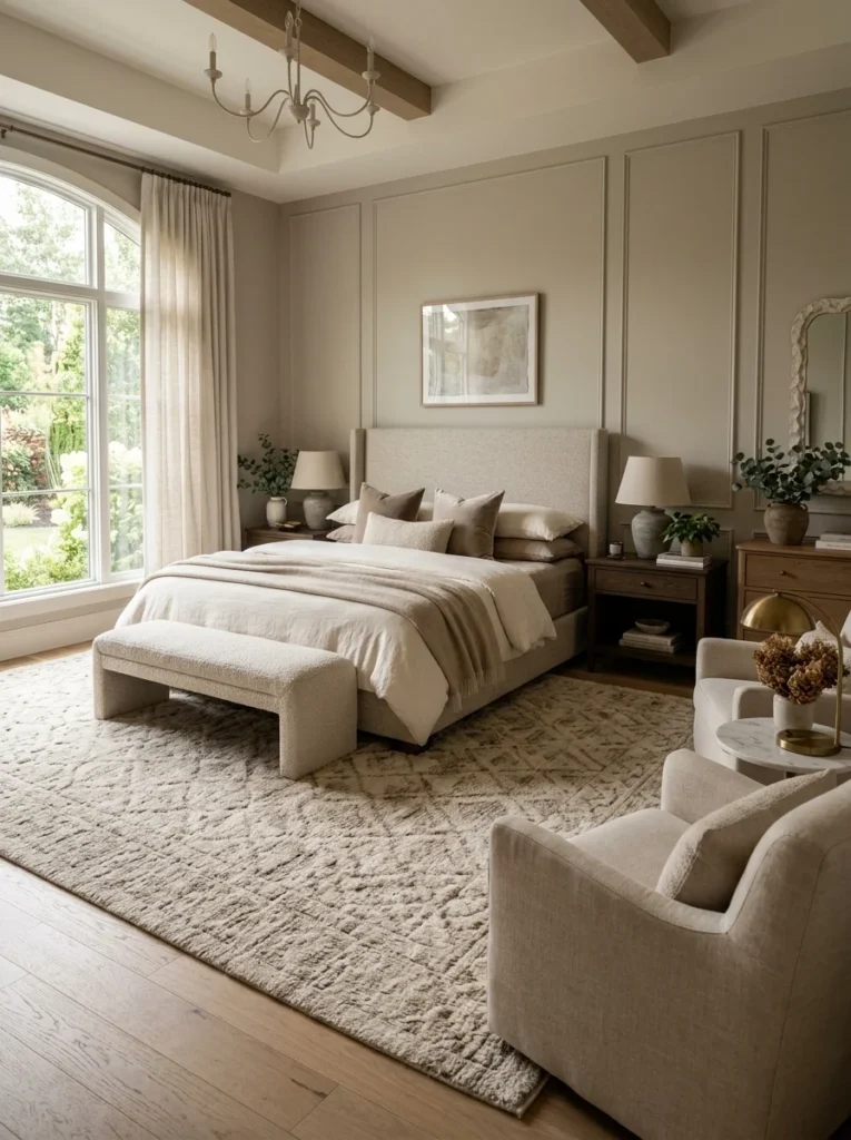 Large area rug extending beneath the bed to anchor the master bedroom furniture layout.