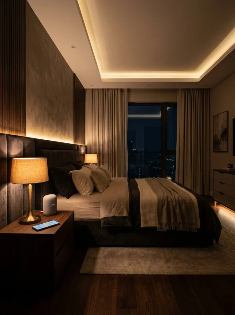 Smart lighting system creating a warm relaxing bedroom atmosphere.