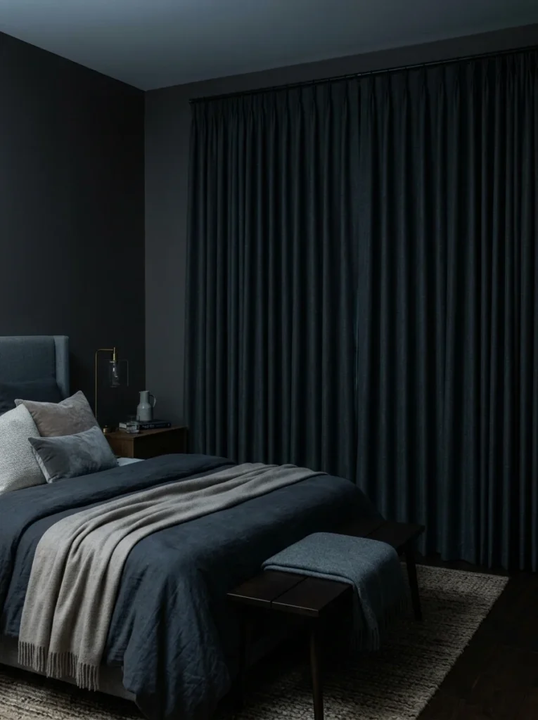 Blackout curtains combined with cellular shades for maximum darkness.