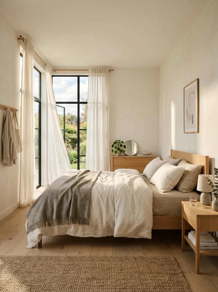 Minimalist bedroom with soft linen curtains, natural sunlight, and warm neutral interior design.
