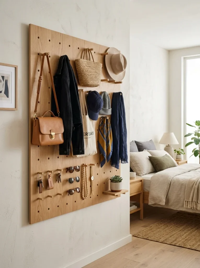 Wall-mounted pegboard organizing frequently used clothing and accessories.
