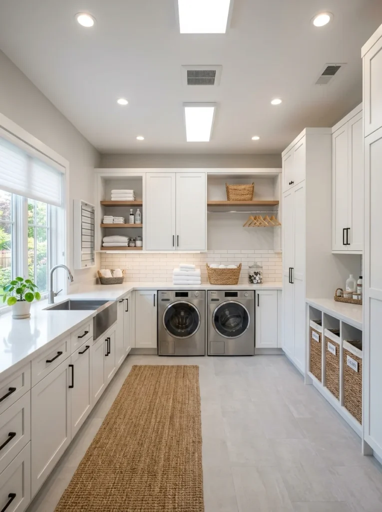 Large laundry room with balanced LED lighting evenly illuminating the entire space.