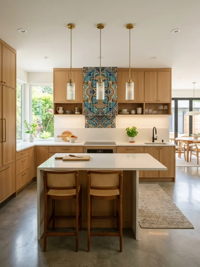 Beautiful modern kitchen with a stylish backsplash as the main design feature.