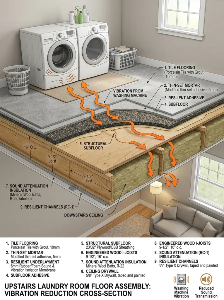 Resilient floor underlayment reducing vibration from an upper-level laundry room.