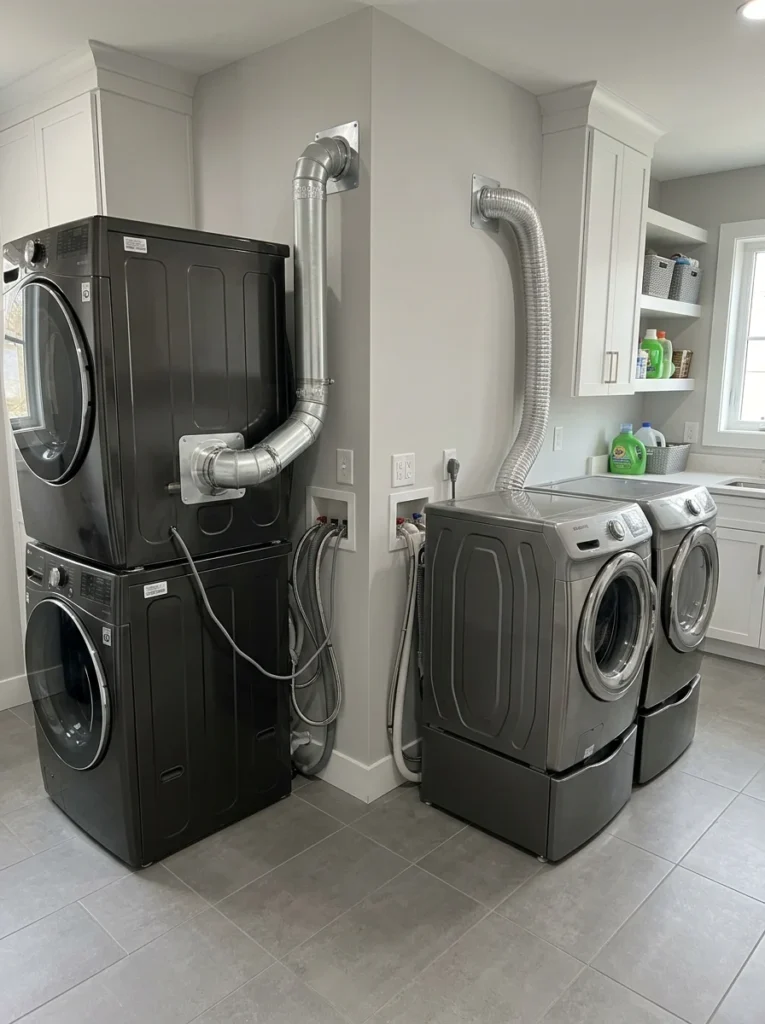 Dryer vent connections behind stacked and side-by-side laundry machines.