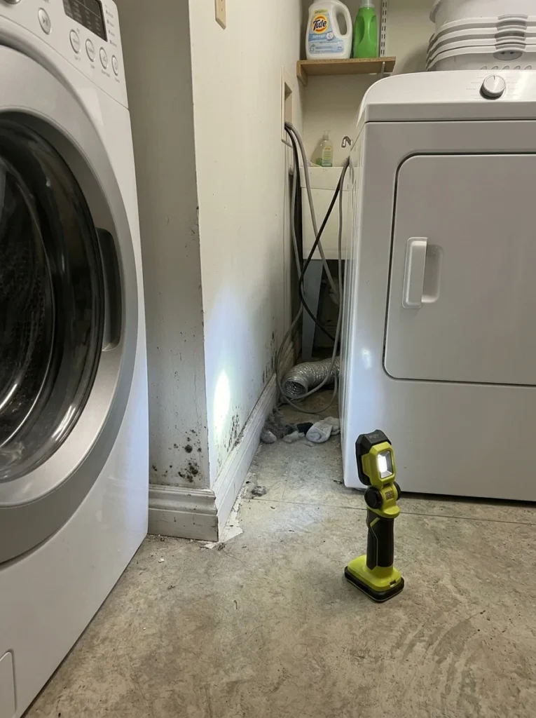 Checking hidden laundry room areas for early signs of mold.