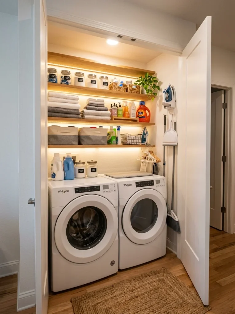 Battery-operated LED lighting brightening a small laundry closet.