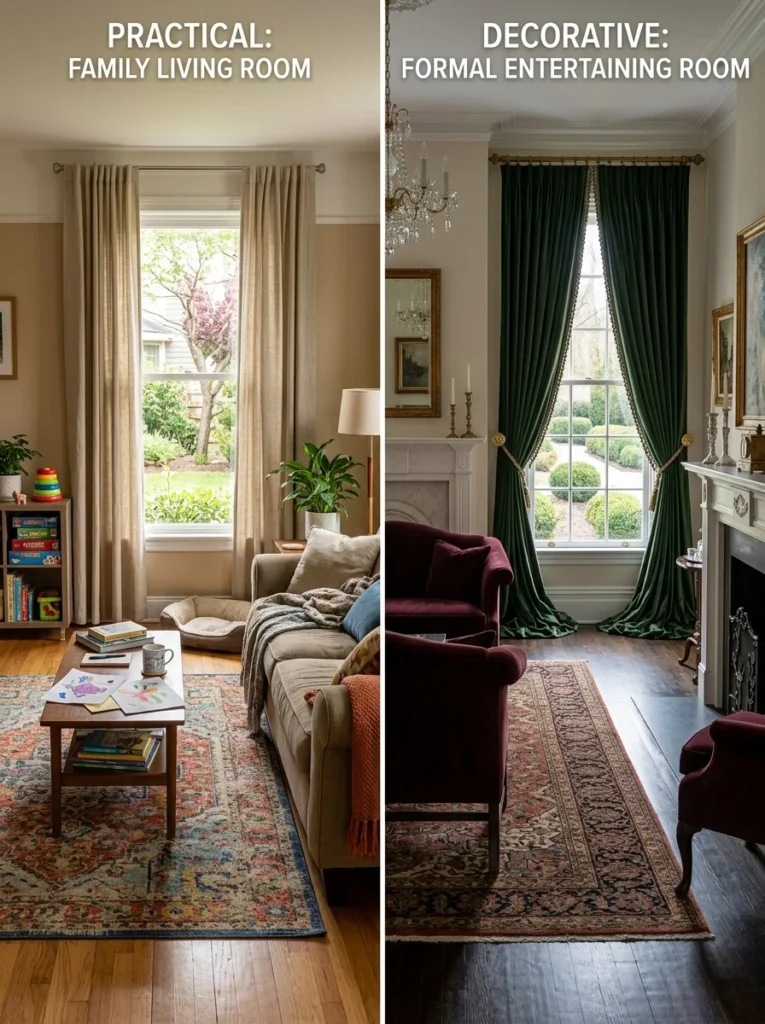 Curtain lengths matched to formal and family living rooms.