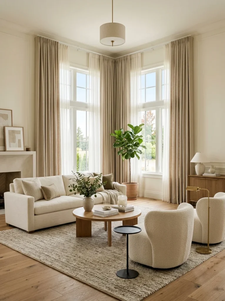 Linen curtains layered with sheer drapes in a timeless living room.