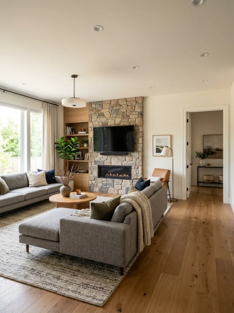 Sectional chaise positioned to improve movement through the living room.