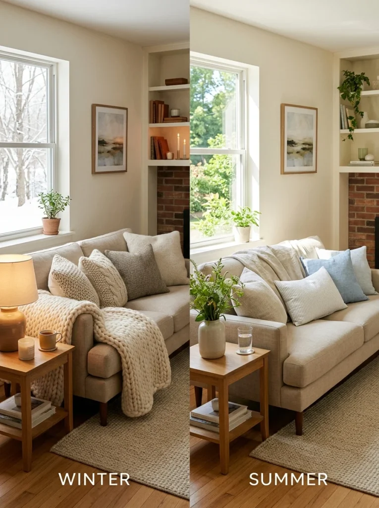 Seasonal textured accessories used to refresh a living room throughout the year.