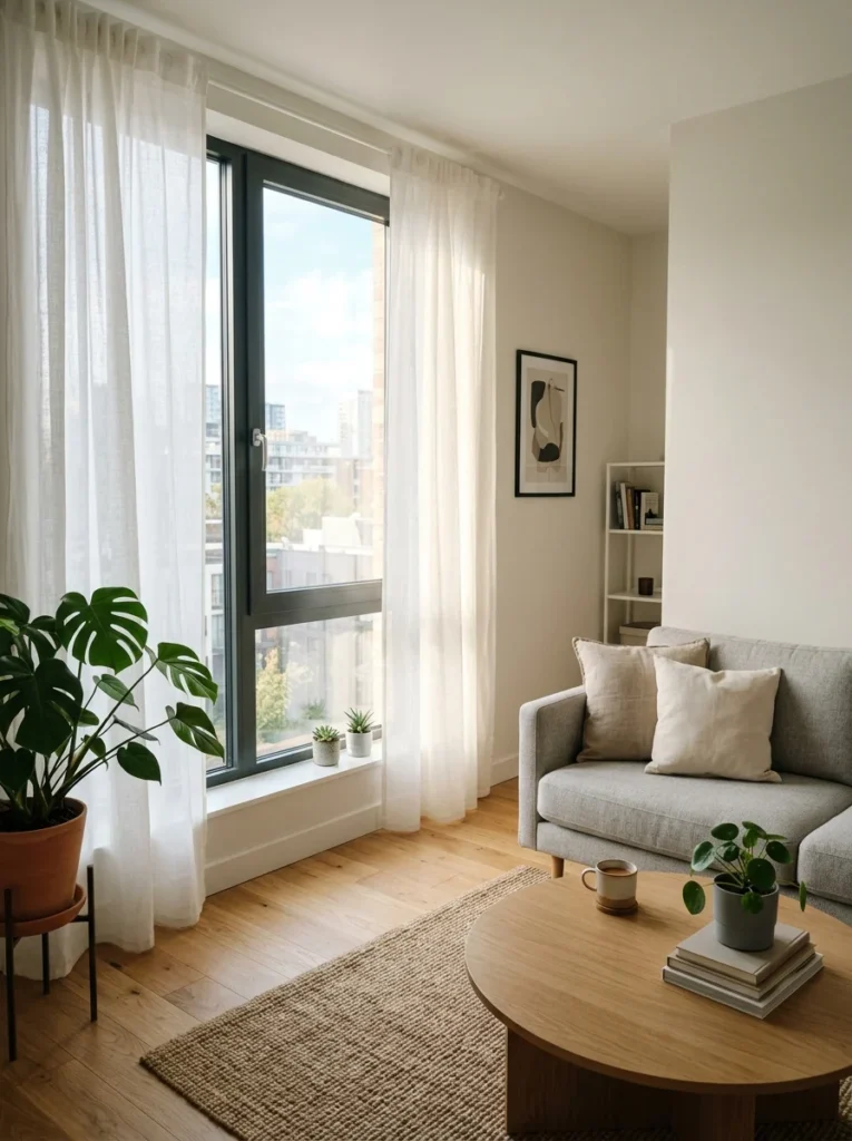 Sheer curtains maximizing natural light inside a small rental living room