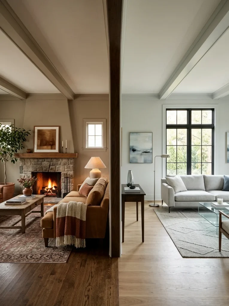 Living room showing warm cozy and cool airy paint color moods.