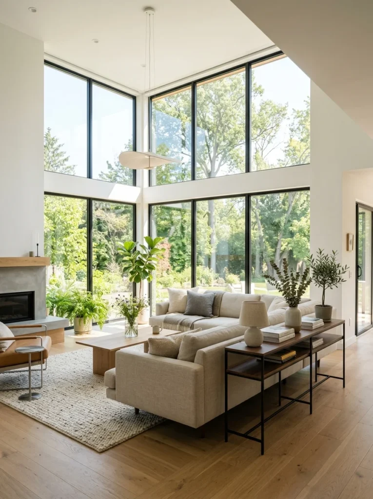 Floating sofa arrangement solving limited wall space in a bright window-filled living room.
