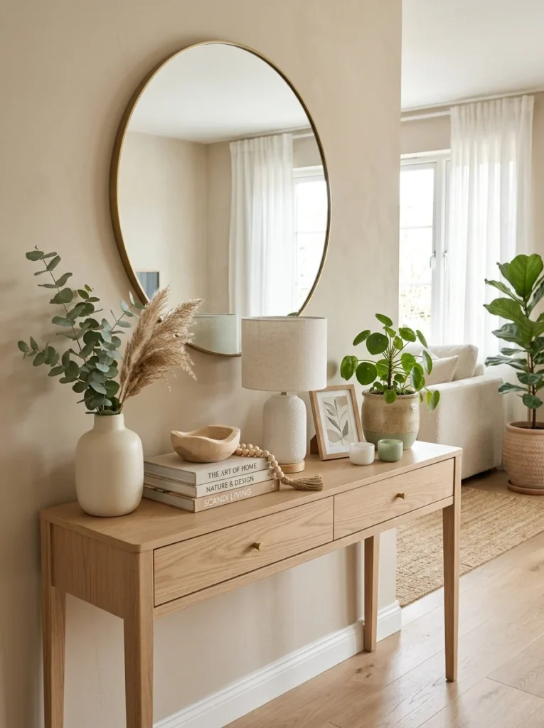Console table decor coordinated with surrounding room colors.