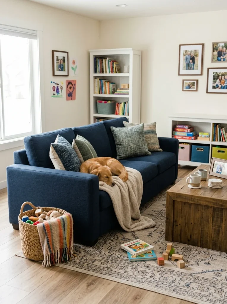 Easy-care throw pillows in a family-friendly living room.