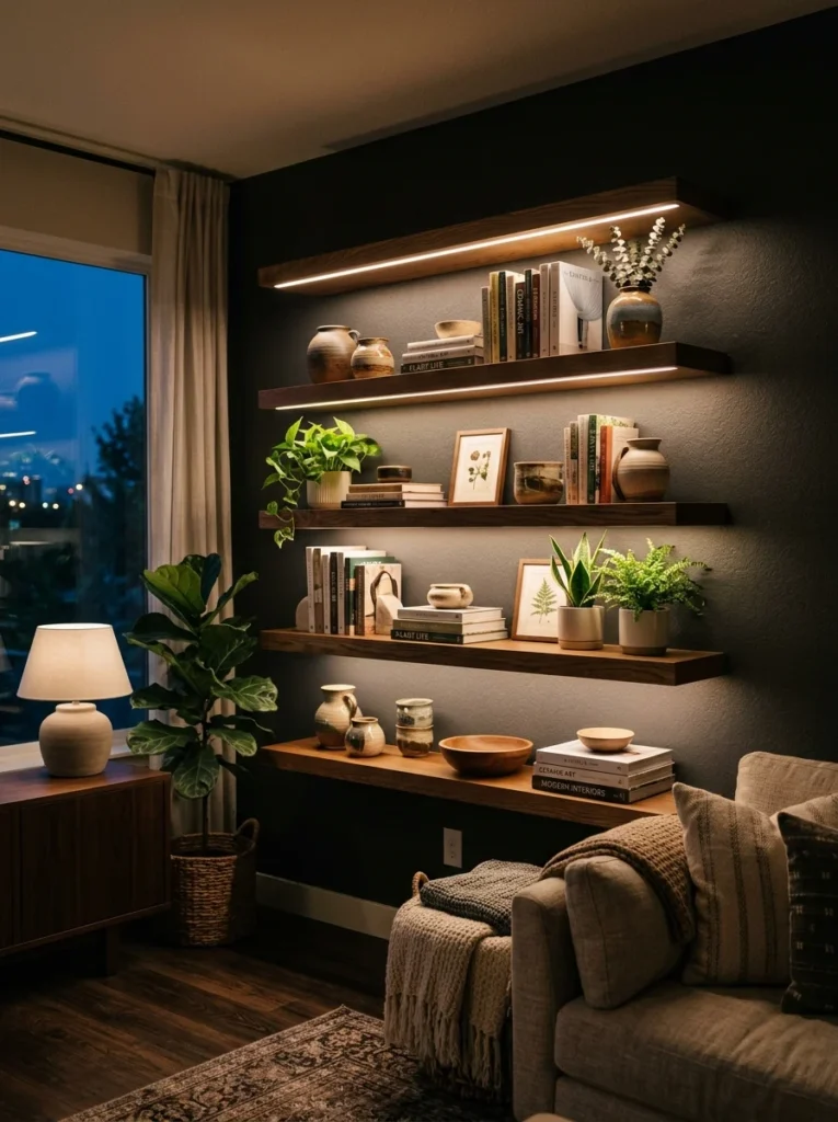 Open shelves illuminated with warm LED lighting in a cozy evening living room.