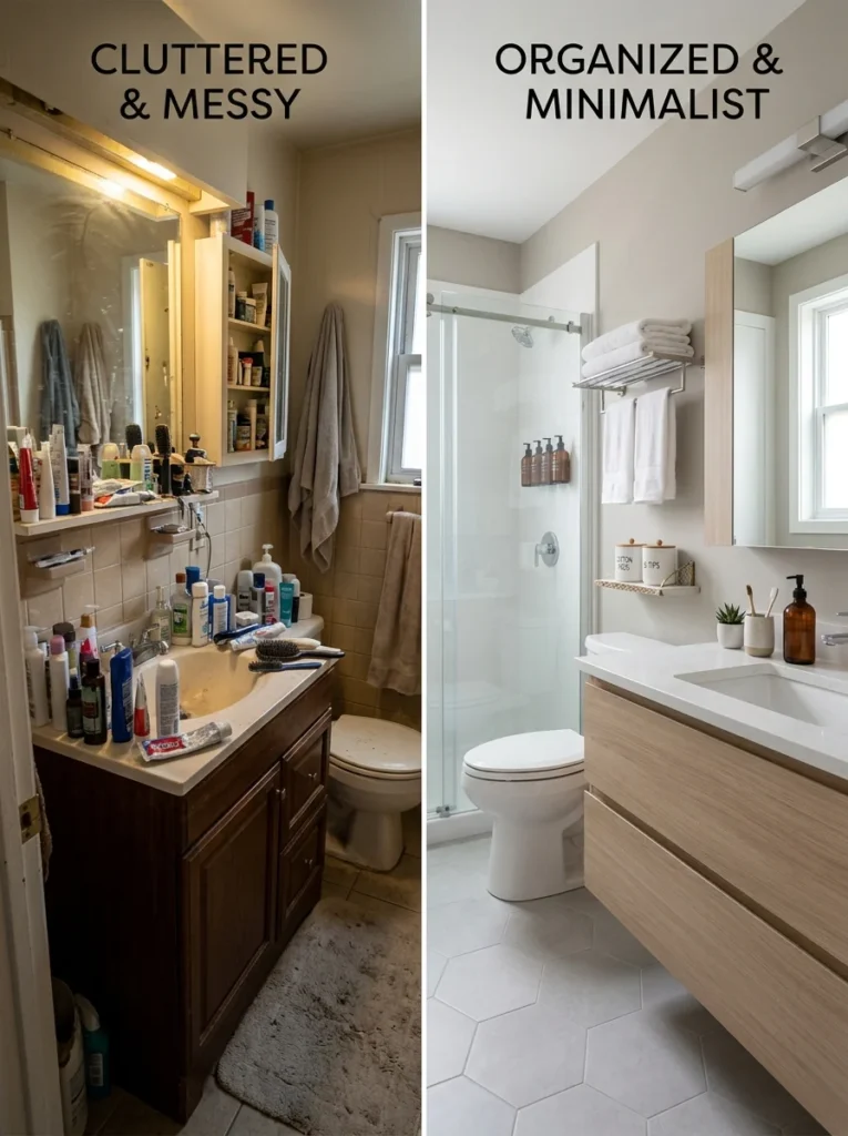 Comparison showing cluttered versus organized small bathroom layouts.