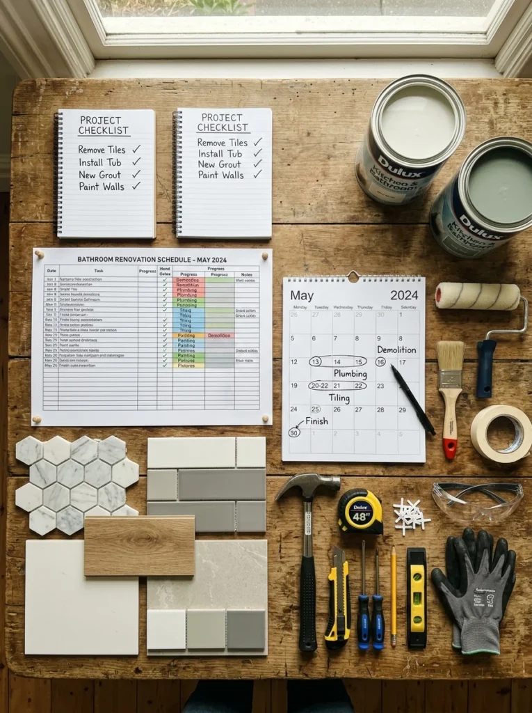 Bathroom renovation schedule and planning checklist with renovation supplies.