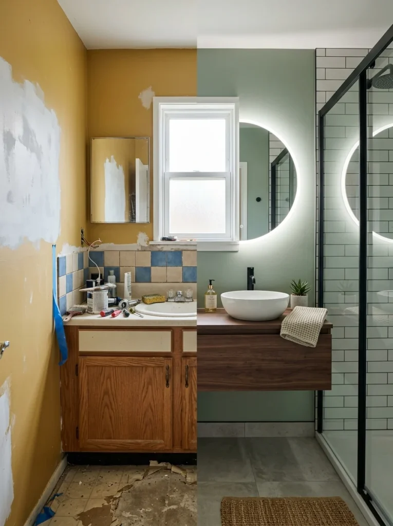 Half-finished bathroom showing common decorating mistakes alongside modern improvements.