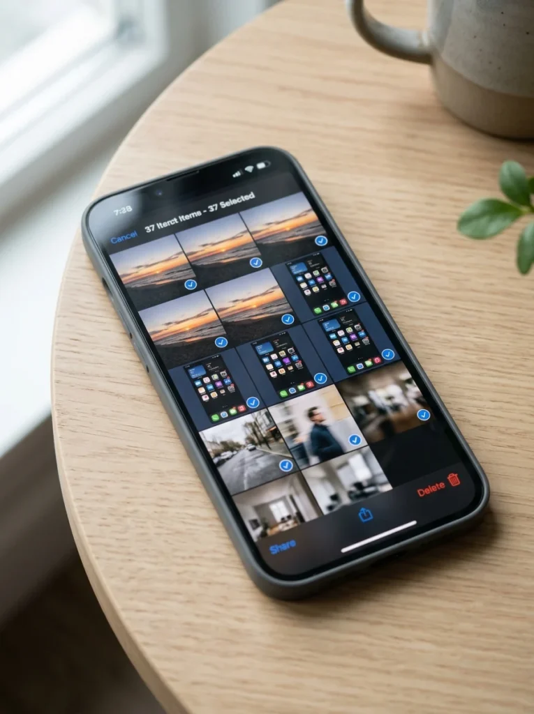 Smartphone using batch review to quickly delete duplicate and blurry photos.