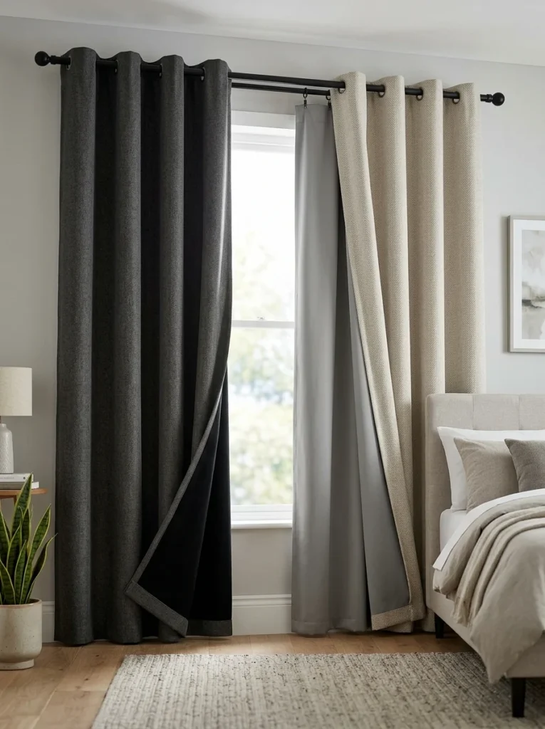 Close-up of thick blackout curtain fabric designed to block sunlight.