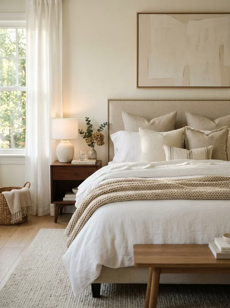Soft layered bedding with neutral pillows and cozy blankets creating a luxurious bedroom.