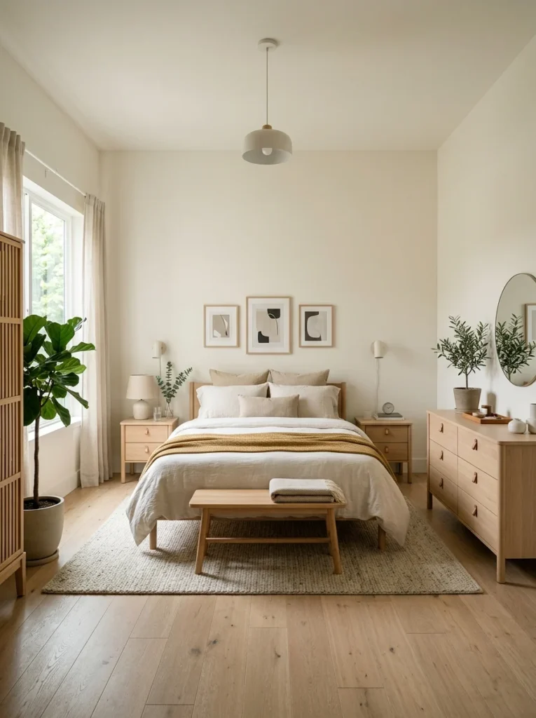 Modern bedroom showing the ideal mattress size with enough walking space and balanced furniture placement.