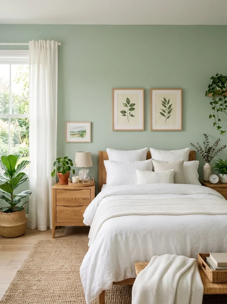 Bedroom with muted blue walls creating a peaceful sleep-friendly atmosphere.