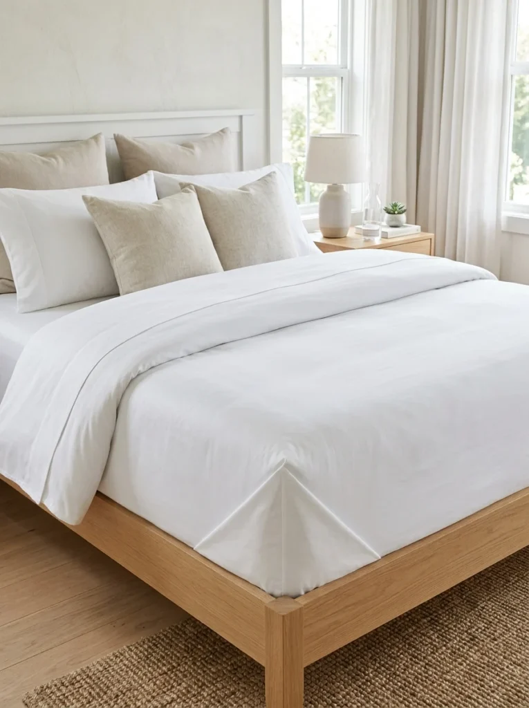 Neatly tucked white bed sheets creating a clean foundation for layered bedding.