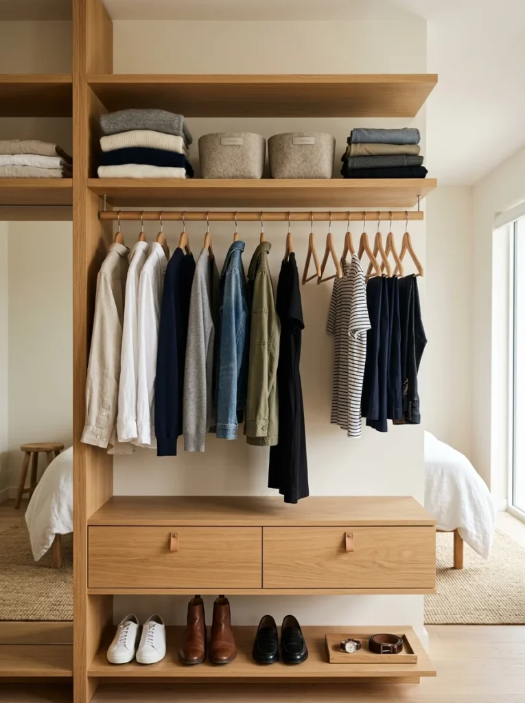 Organized wardrobe showing only regularly worn clothing.