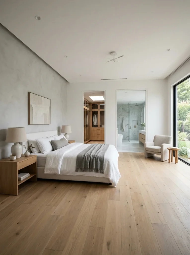 Master bedroom with open walkways designed for smooth daily movement between the bed, closet, and bathroom.
