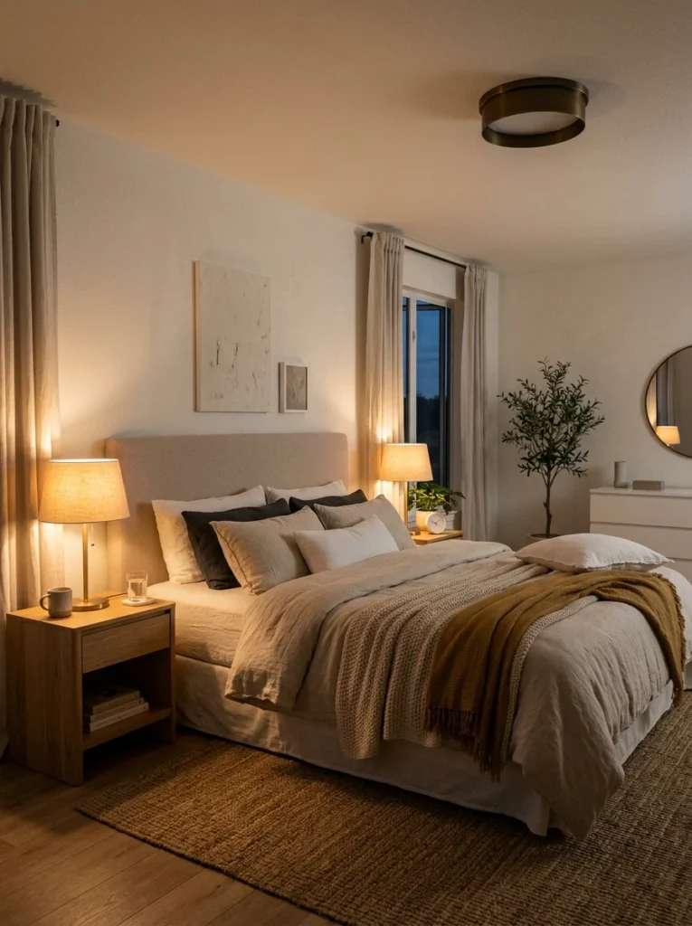Bedroom illuminated by warm bedside lamps instead of a bright overhead ceiling light.