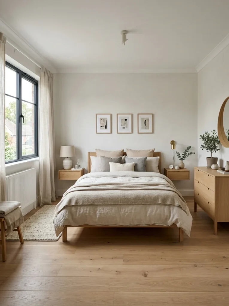 Small bedroom with a properly sized bed allowing comfortable walking space.