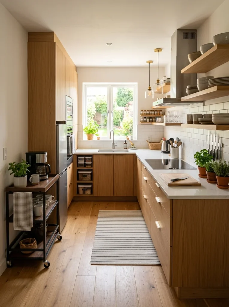 Well-organized compact kitchen demonstrating practical small kitchen design solutions.