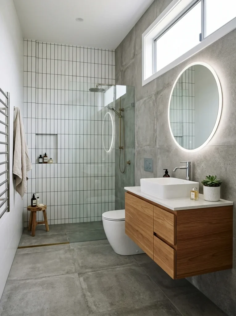 Modern floating bathroom vanity with minimalist wall-mounted design.