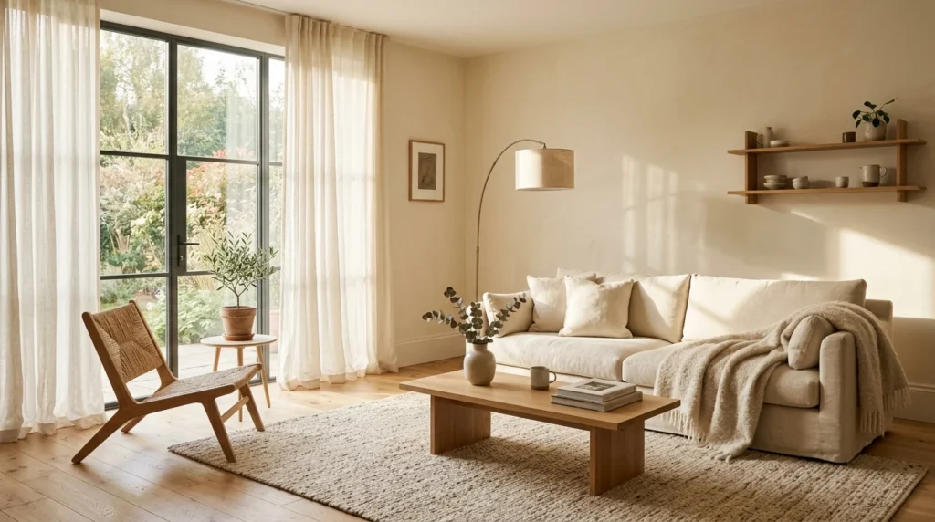 Sunlight filling a cozy minimalist living room through large windows.