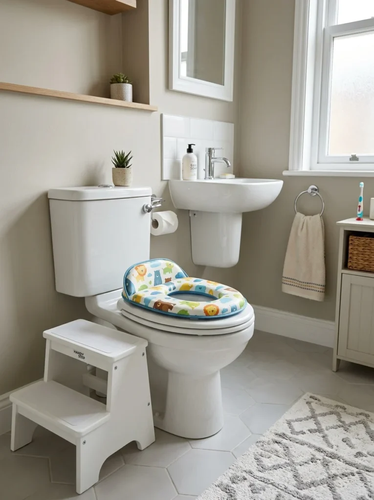 Bathroom with toilet seat insert and step stool for toddlers.