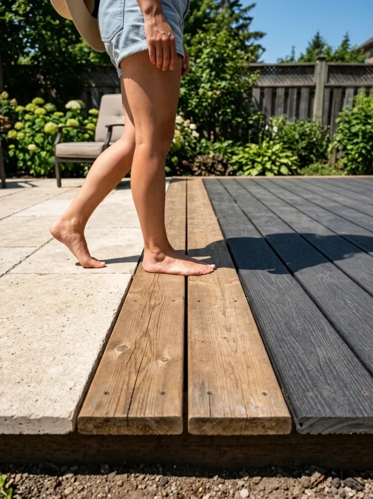 Comparison of patio and deck materials in summer sunlight.